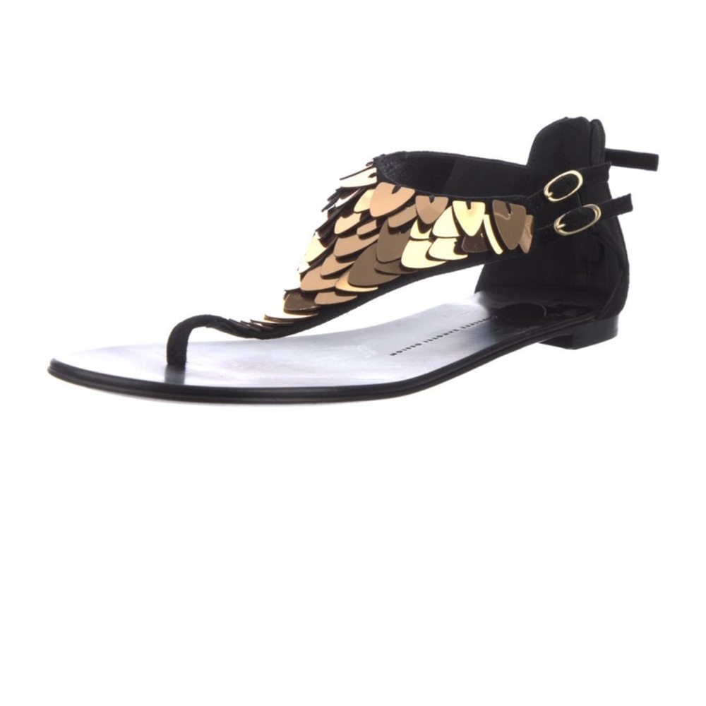 Giuseppe Zanotti Black and Gold Suede Sequin Embellishment Sandals
